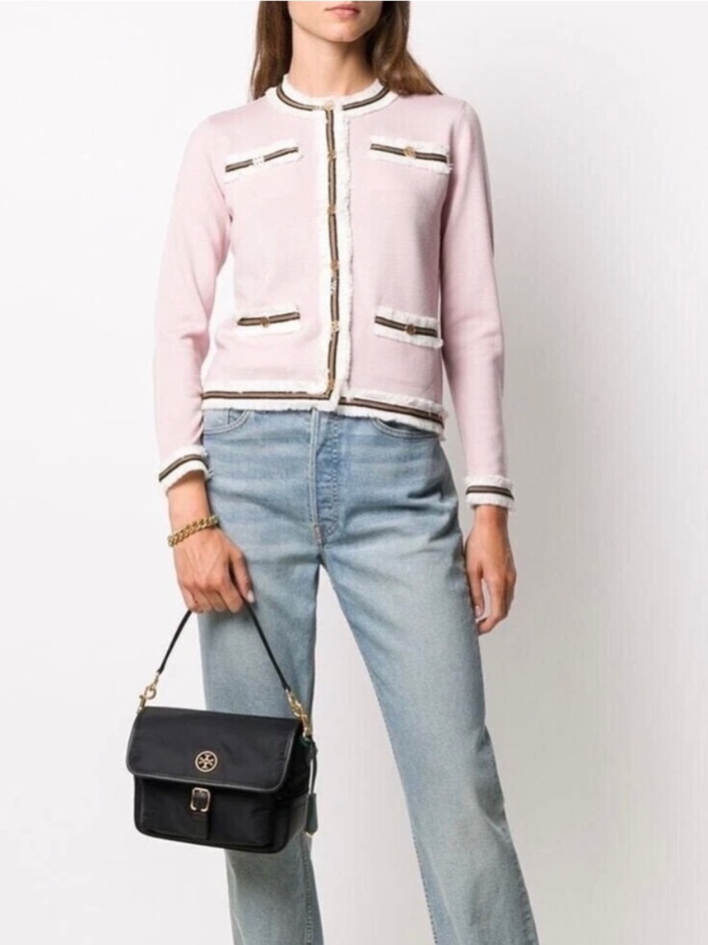 TORY BURCH Kendra Fringe Button Wool Cardigan Pink Small